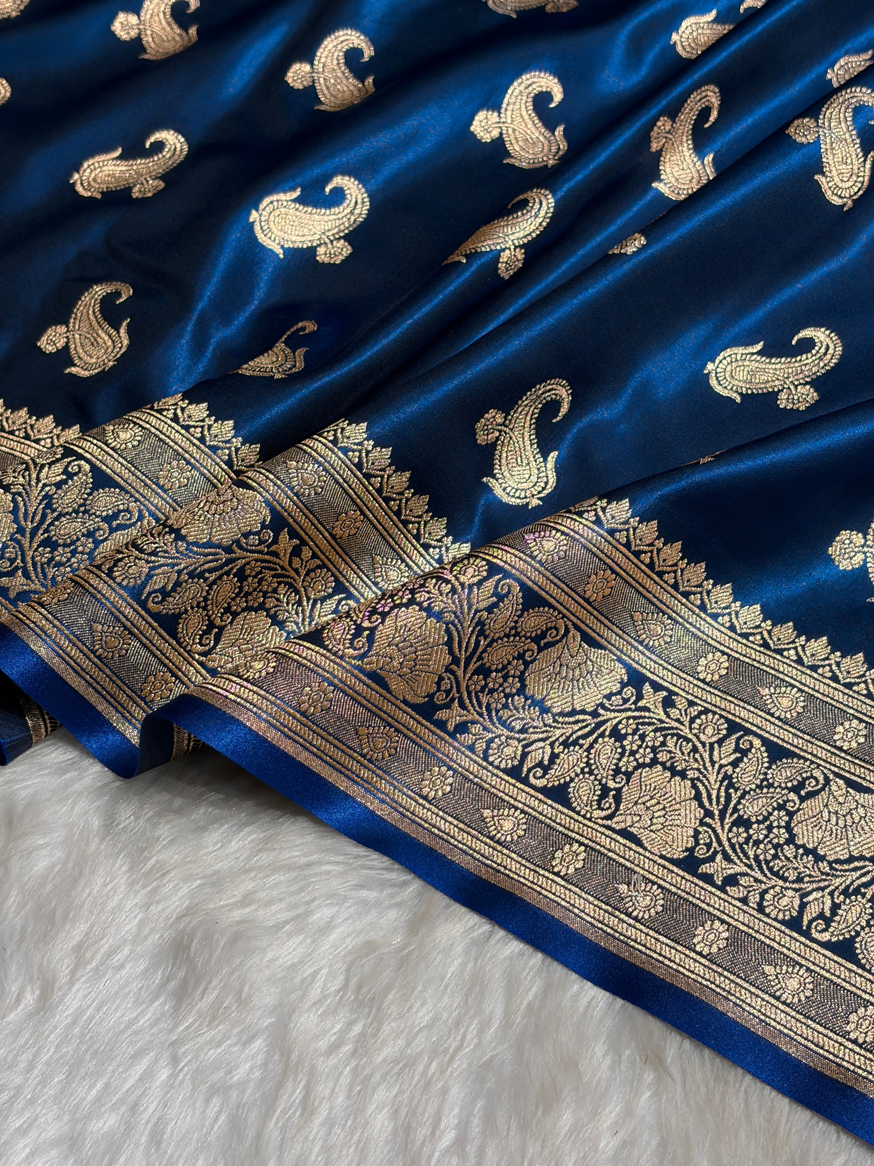 Satin Silk Saree Floral Boota in German Blue Shades SS27