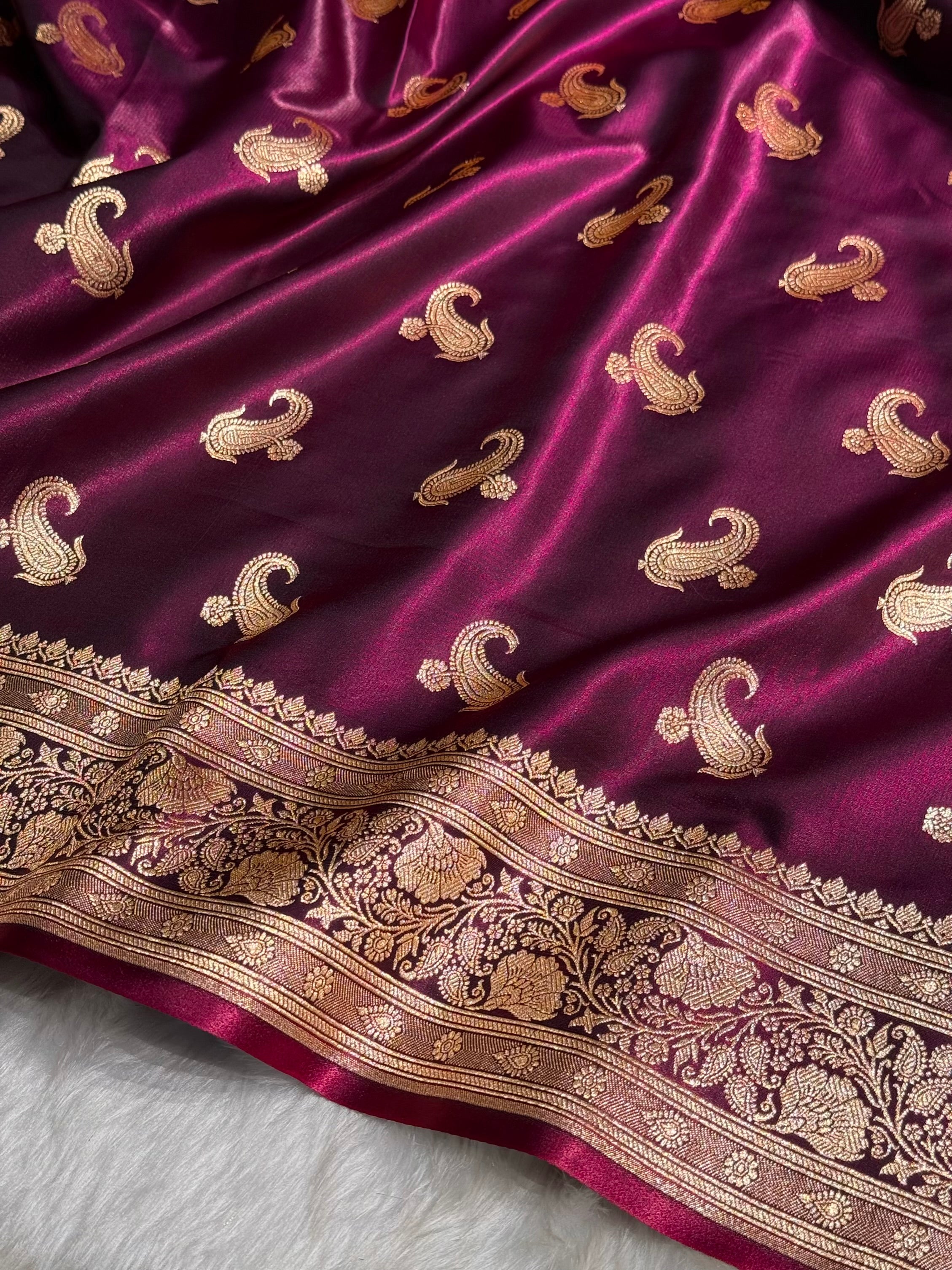 Satin Silk Saree Floral Boota in Wine Shades SS27