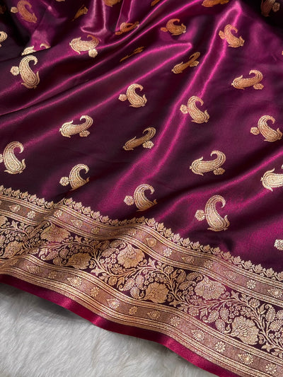 Satin Silk Saree Floral Boota in Wine Shades SS27