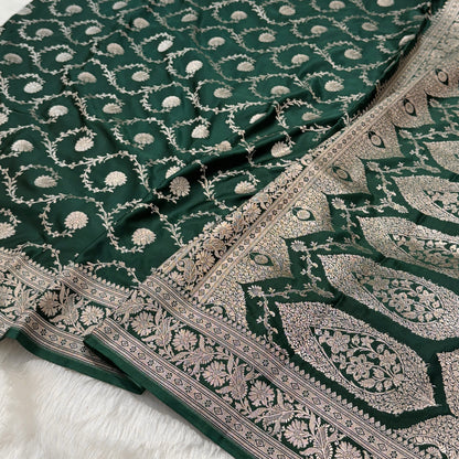 Bottle Green Mashru Silk Banarasi Saree With Jaal Pattern