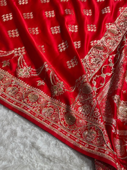 Bridal Red Floral Boota Pattern With Zardozi Stone Work Satin Katan Silk saree BSK34