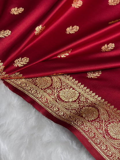 Maroon Floral Boota Pattern Satin Katan Silk Saree SK71