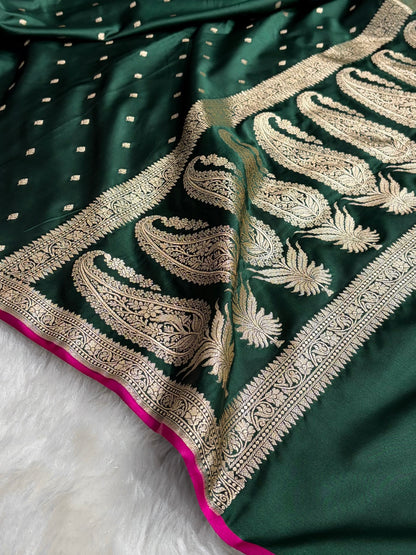 Premium Banarasi Satin Katan Saree in Dark Bottle Green Shades SK90