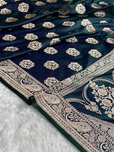 Banarasi Dark Peacock Shades Banarasi Boota Pattern Floral Mashru Silk Saree MSM-104