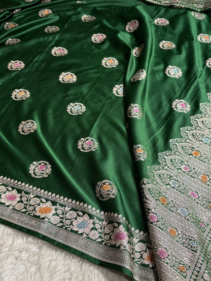 Bottle Green Shades Minkari Boota Mashru Silk Saree MCS24