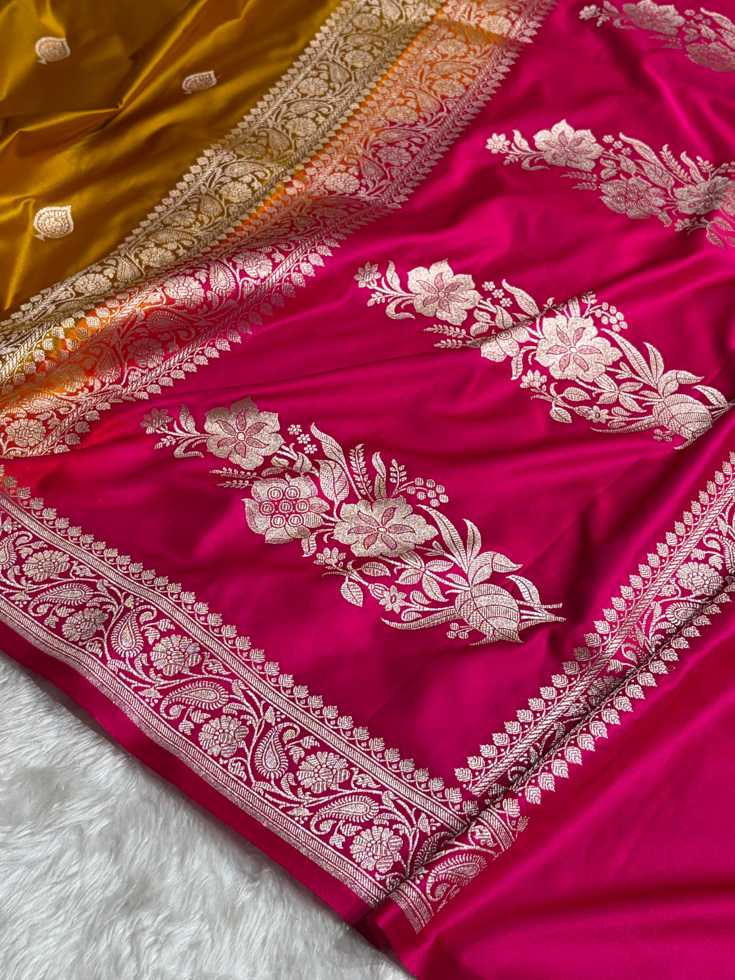 Contrast Mustard/ Rani Shades Banarasi Booti Pattern Mashru Silk Saree MSM-140
