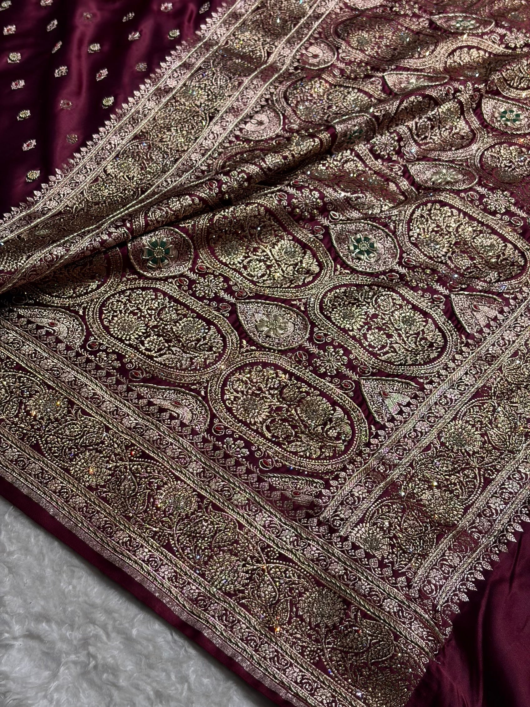 Banarasi Chocolate Booti Pattern With Ari Zardozi Stone Work Satin Katan Silk Saree BSK53