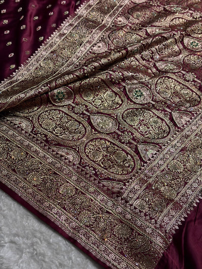 Banarasi Chocolate Booti Pattern With Ari Zardozi Stone Work Satin Katan Silk Saree BSK53