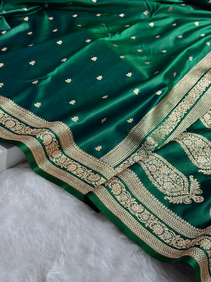 Banarasi Satin Katan Saree With Booti Pattern in Cross Green Shades SK125