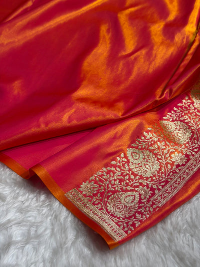 Satin Silk Saree Floral Boota in Pinkish Orange Shades SS28