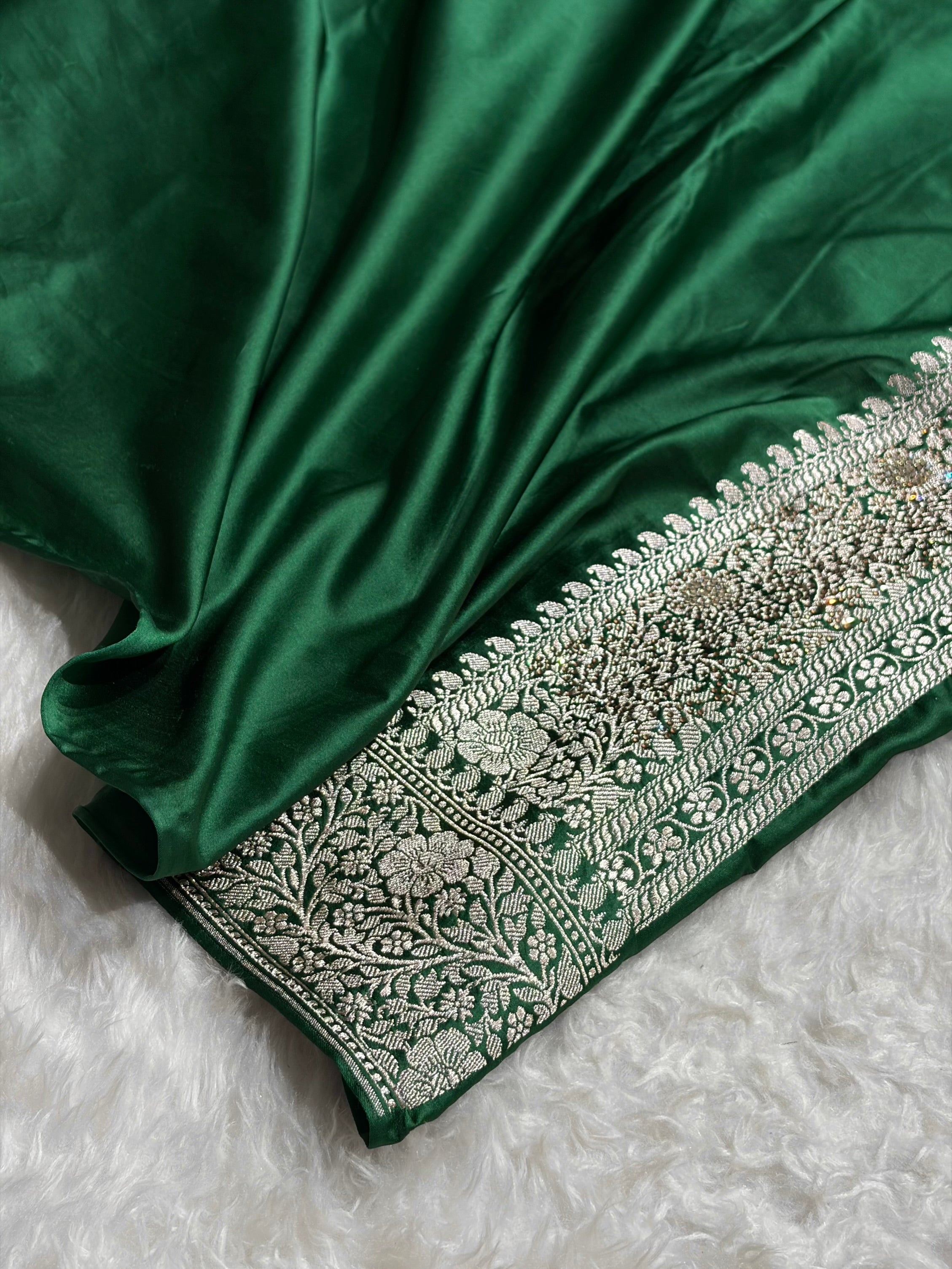 Bottle Green With Swarovski Work Booti Mashru Silk Saree BMS40
