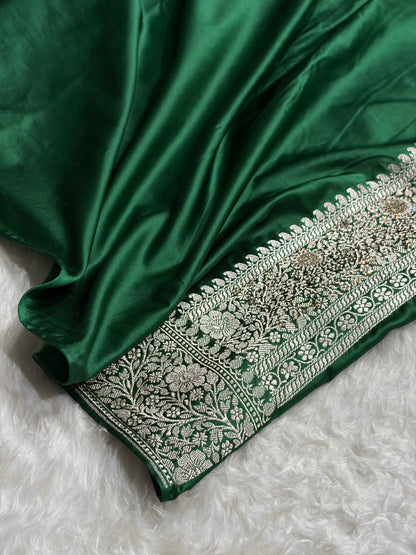 Bottle Green With Swarovski Work Booti Mashru Silk Saree BMS40