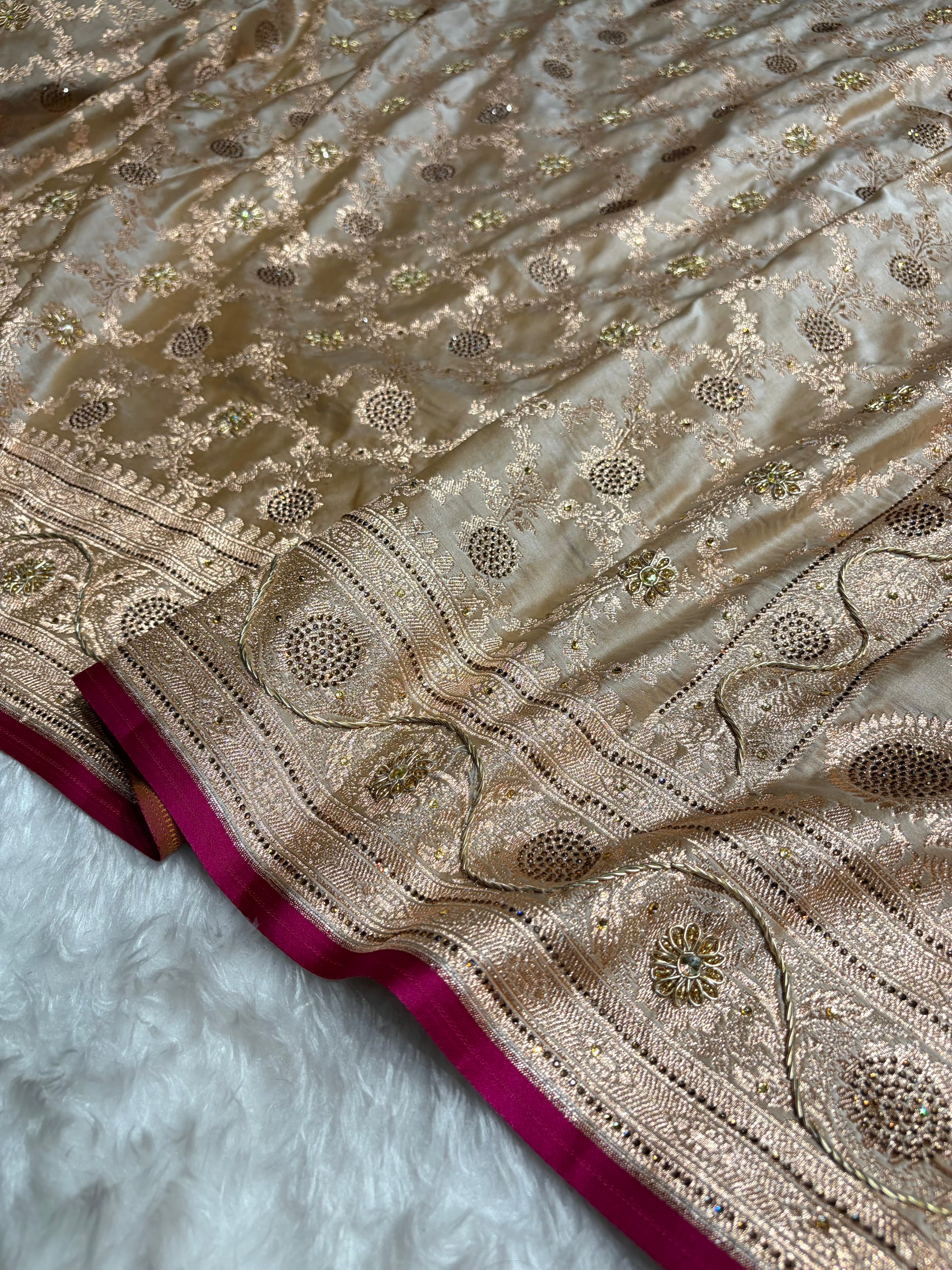 Beige Jaal With Banarasi Swarovski and Zardozi Work Pattern Satin Katan Silk Saree BSK25