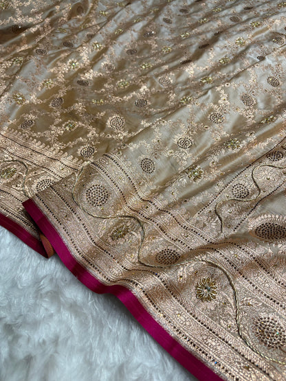 Beige Jaal With Banarasi Swarovski and Zardozi Work Pattern Satin Katan Silk Saree BSK25