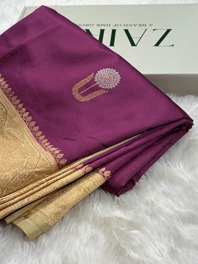 Banarasi Wine With Cream Contrast Shades Minakari Boota Handwoven Pure Paper Silk RM-85