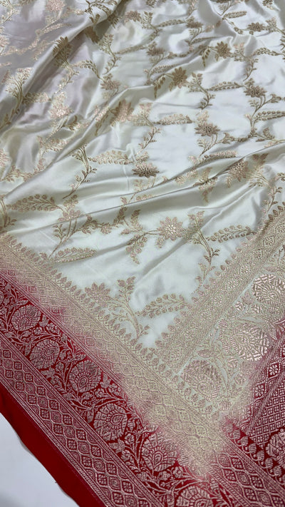 White - Red Border Banarasi Jaal Mashru Silk Saree MS23