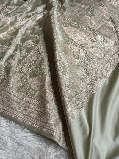 Pastel Pista Shades Banarasi With Floral Jaal Pattern Mashru Silk Saree MSM-130