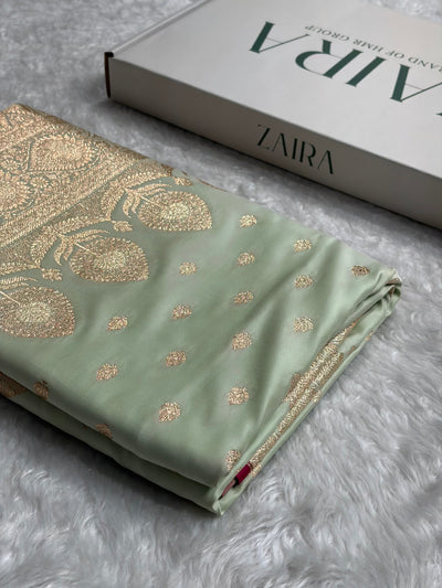 Banarasi Satin Katan Silk Saree In Light Pista Shades SK10