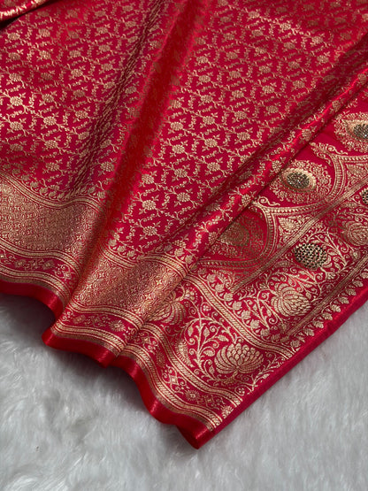 Satin Silk Saree Jaal in Pinkish Red Shades With Swarovski Work BSS23
