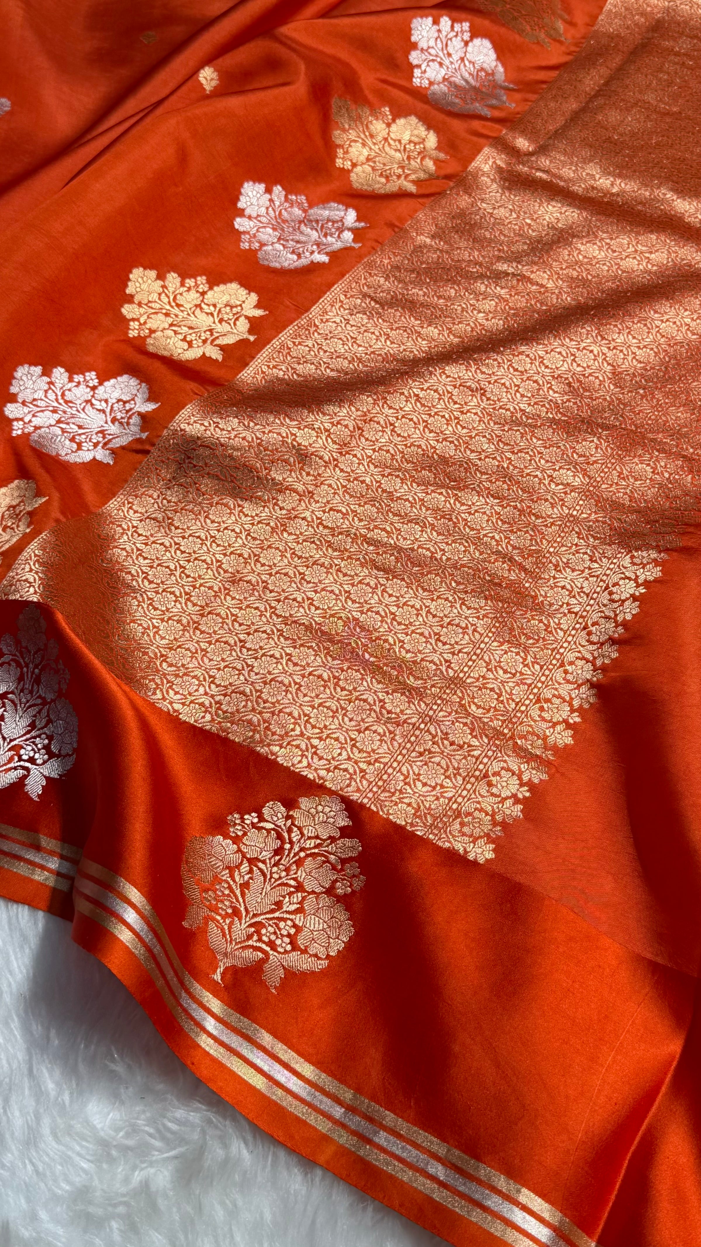 Orange Shades Meena Boota Handwoven Pure Katan Raw Mango Silk RM-01