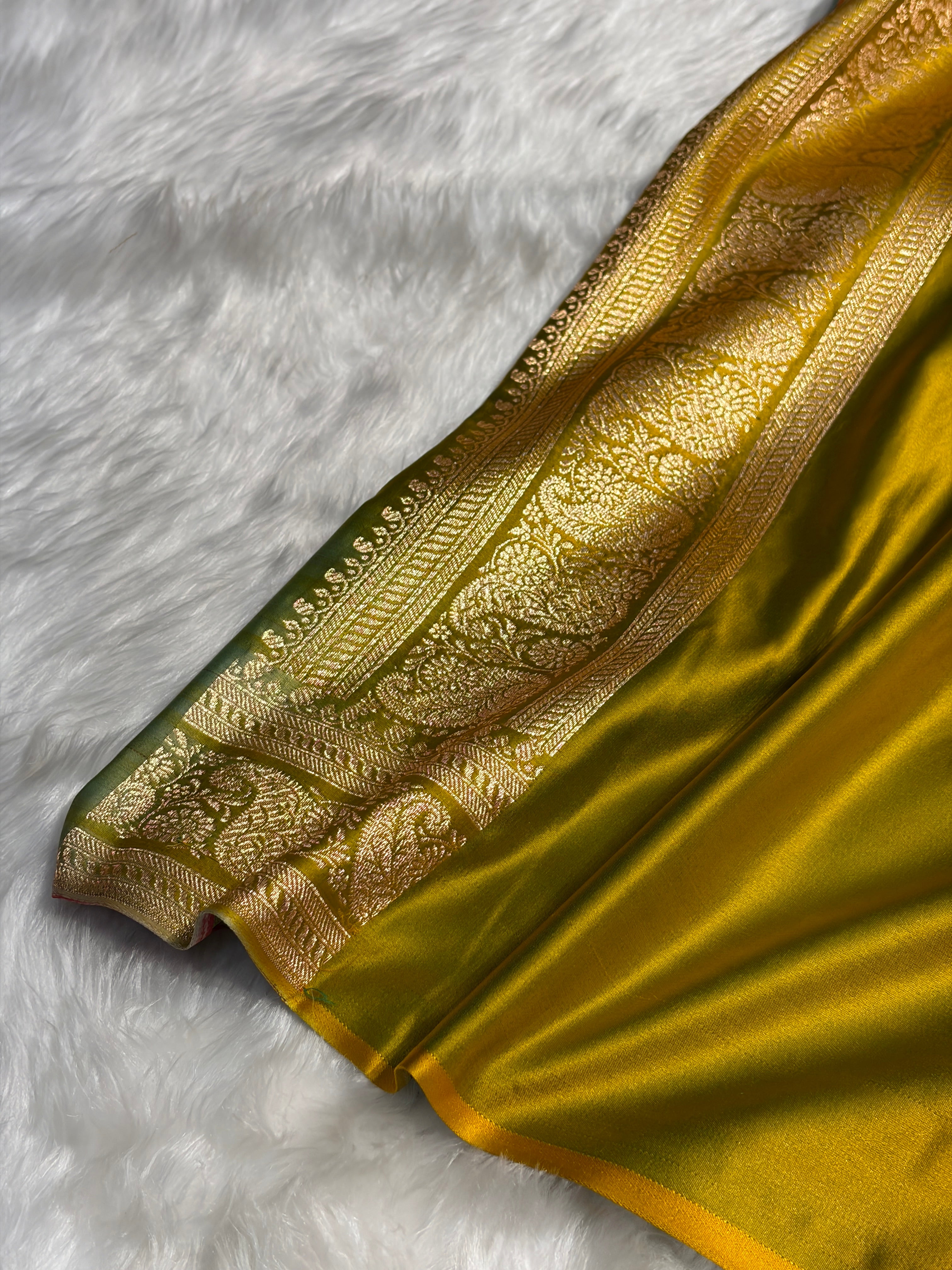 Banarasi Satin Katan Saree With Unique Boota in Liril Mehendi Shades SK92