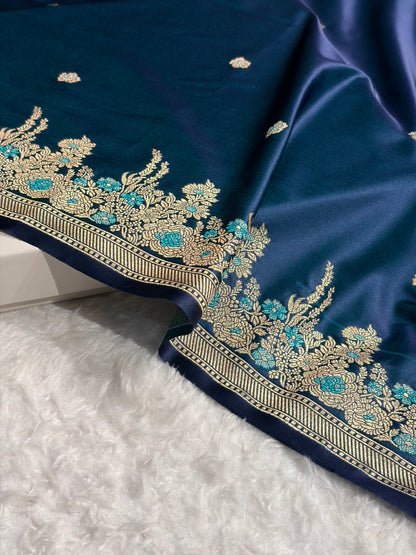 Banarasi Satin Katan Saree Booti Minakari Pattern in German Blue Shades SK136
