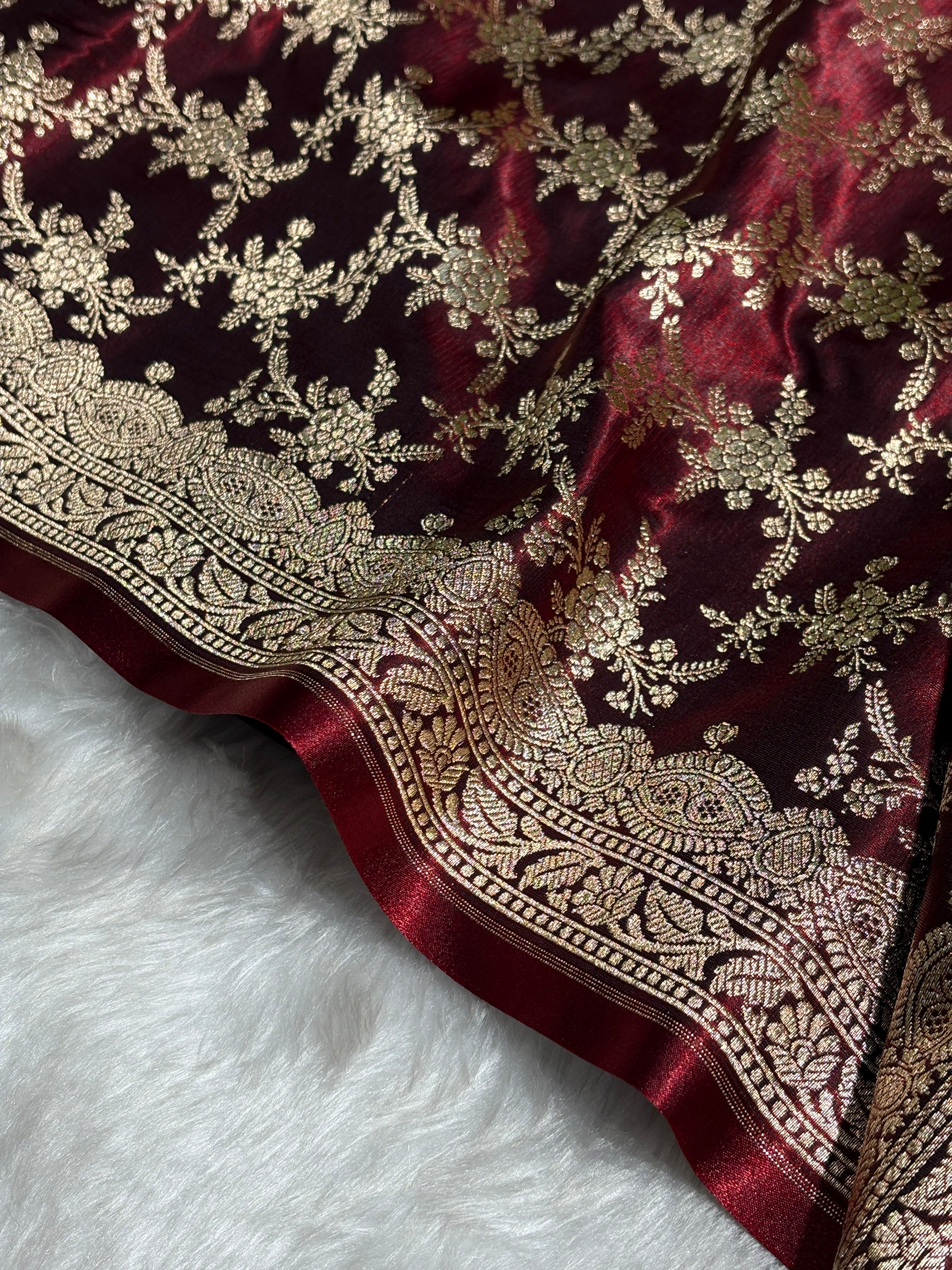 Light Wight Satin Silk Jaal in Garnet Shades with brocade Blouse SS16