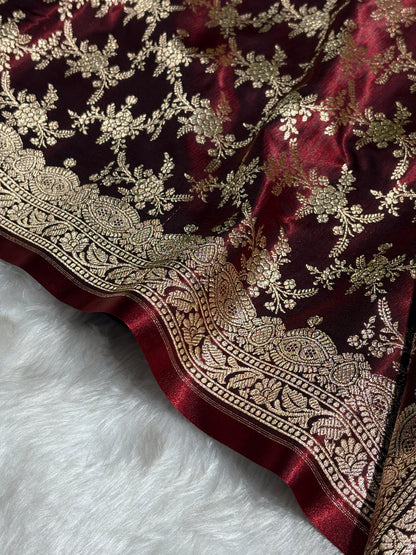 Light Wight Satin Silk Jaal in Garnet Shades with brocade Blouse SS16