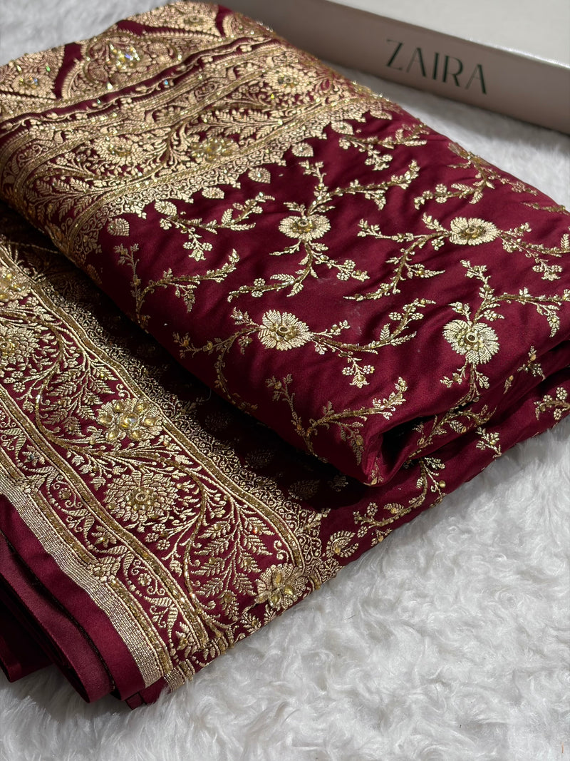 Garnet Shades Banarasi With Ari Zardozi Work Jaal Katan Silk Saree BSKM37
