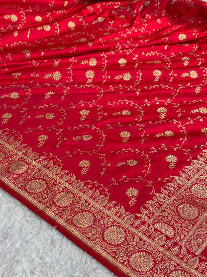 Cross Red Shades Jaal Floral Pattern Satin Katan Silk Saree SK81
