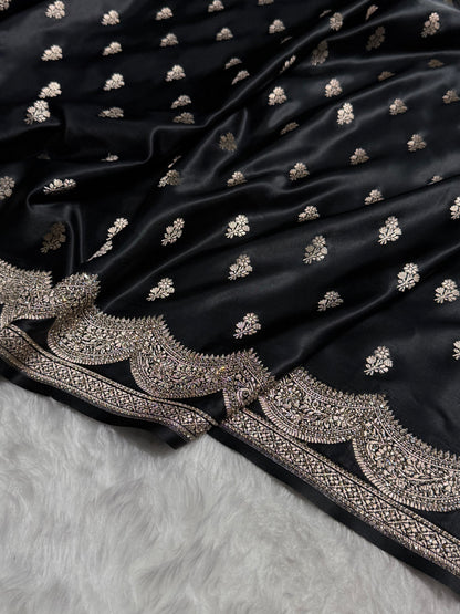 Banarasi Black Scallop Mashru Silk with White Stone Swarovski work BMS02