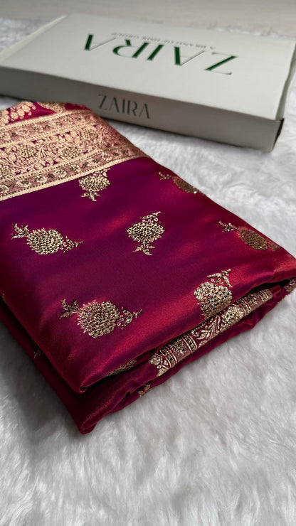 Satin Silk Saree Swarovski Work Floral Boota in Reddish Magenta Shades BSS26