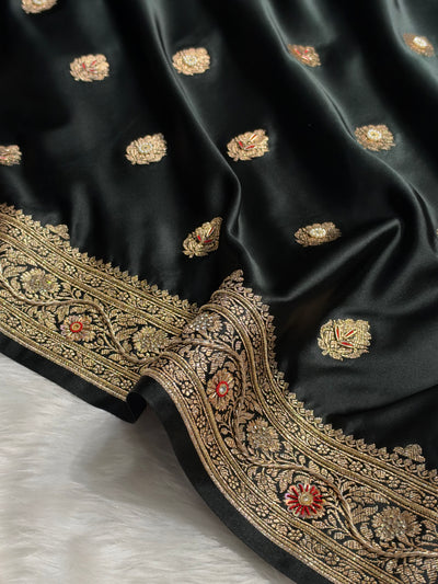Bridal Black Banarasi Satin Katan Saree With Ari & Zardozi Work Boota BSK65