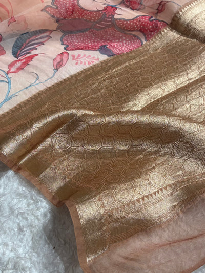 Light Peach Organza with Pastel Multicolor Florals & Gold Zari Border POP07