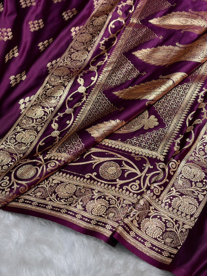 Wine Floral Boota Satin Katan Silk saree SK34