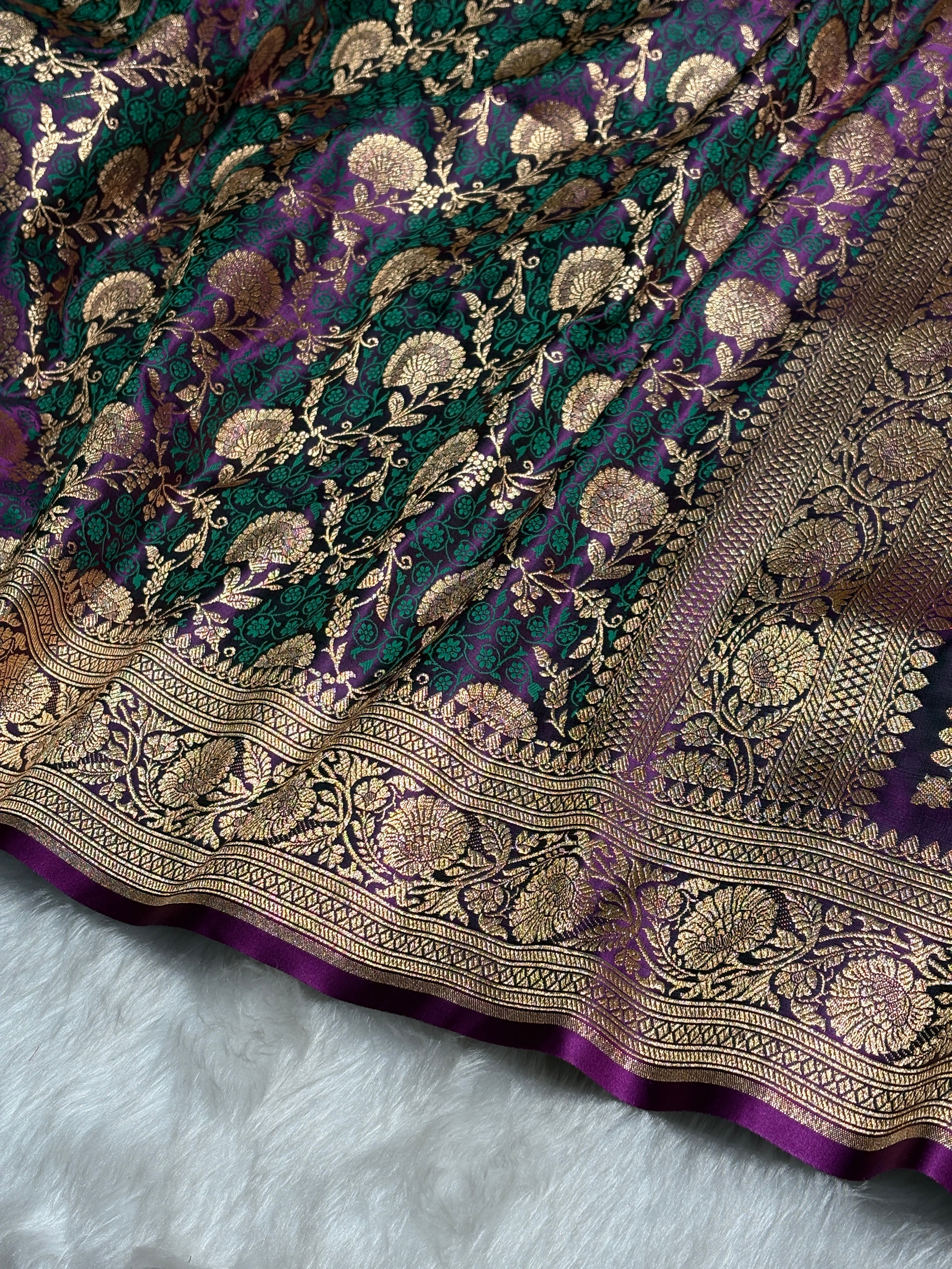 Purple With Green Tanchoi Satin Katan Silk Saree SKTM-05