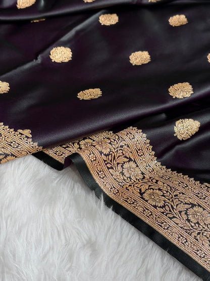 Dark Wine Treditional Banarasi Booti Pattern Satin Katan Silk Saree SK65