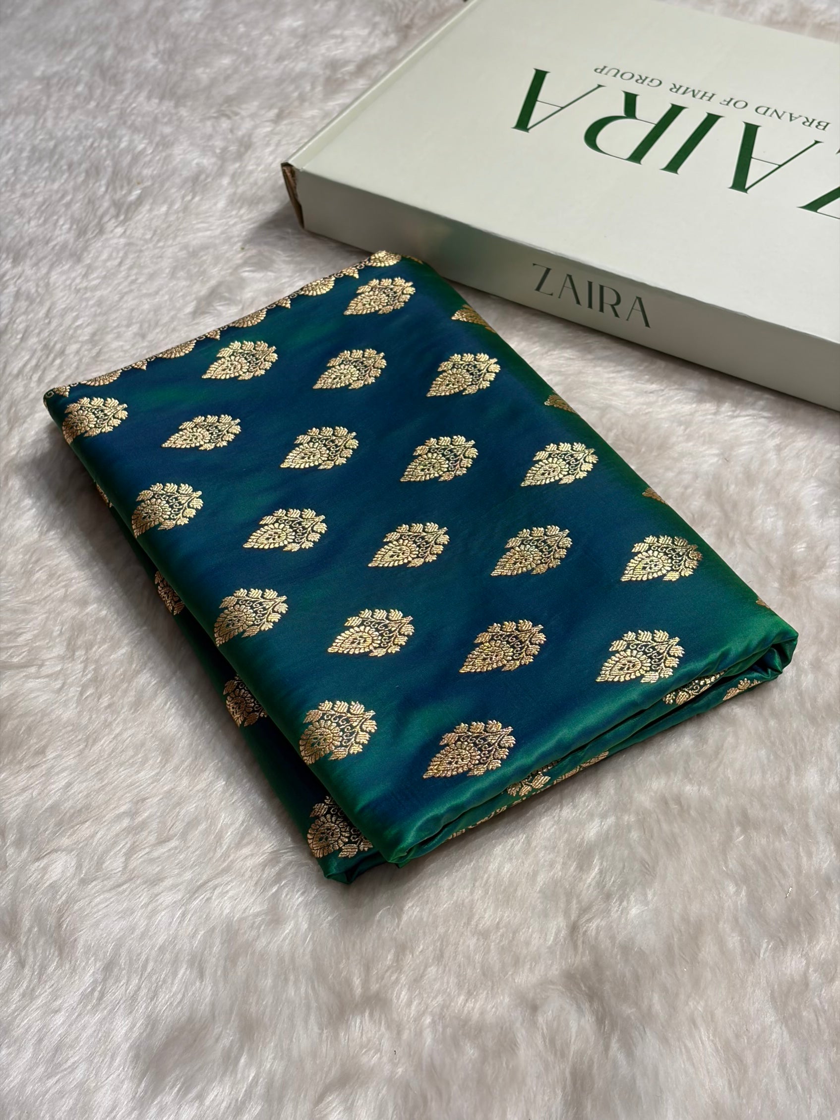 Green Cross Floral Boota Pattern Satin Katan Silk saree SK45