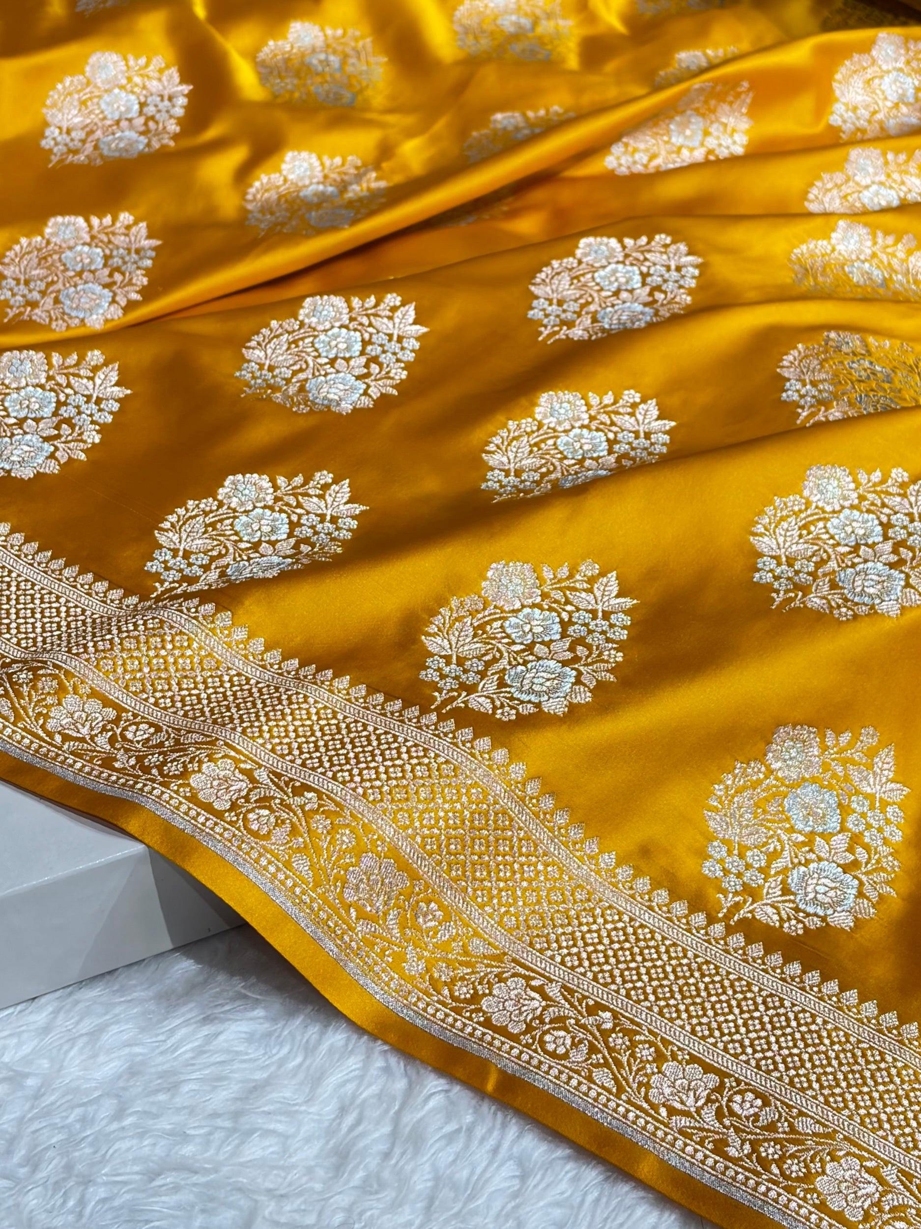 Premium Banarasi Satin Katan Saree With Minakari Boota in Mustard Shades SK93