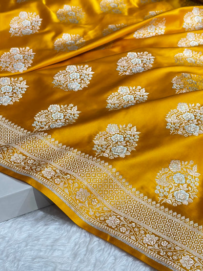 Premium Banarasi Satin Katan Saree With Minakari Boota in Mustard Shades SK93