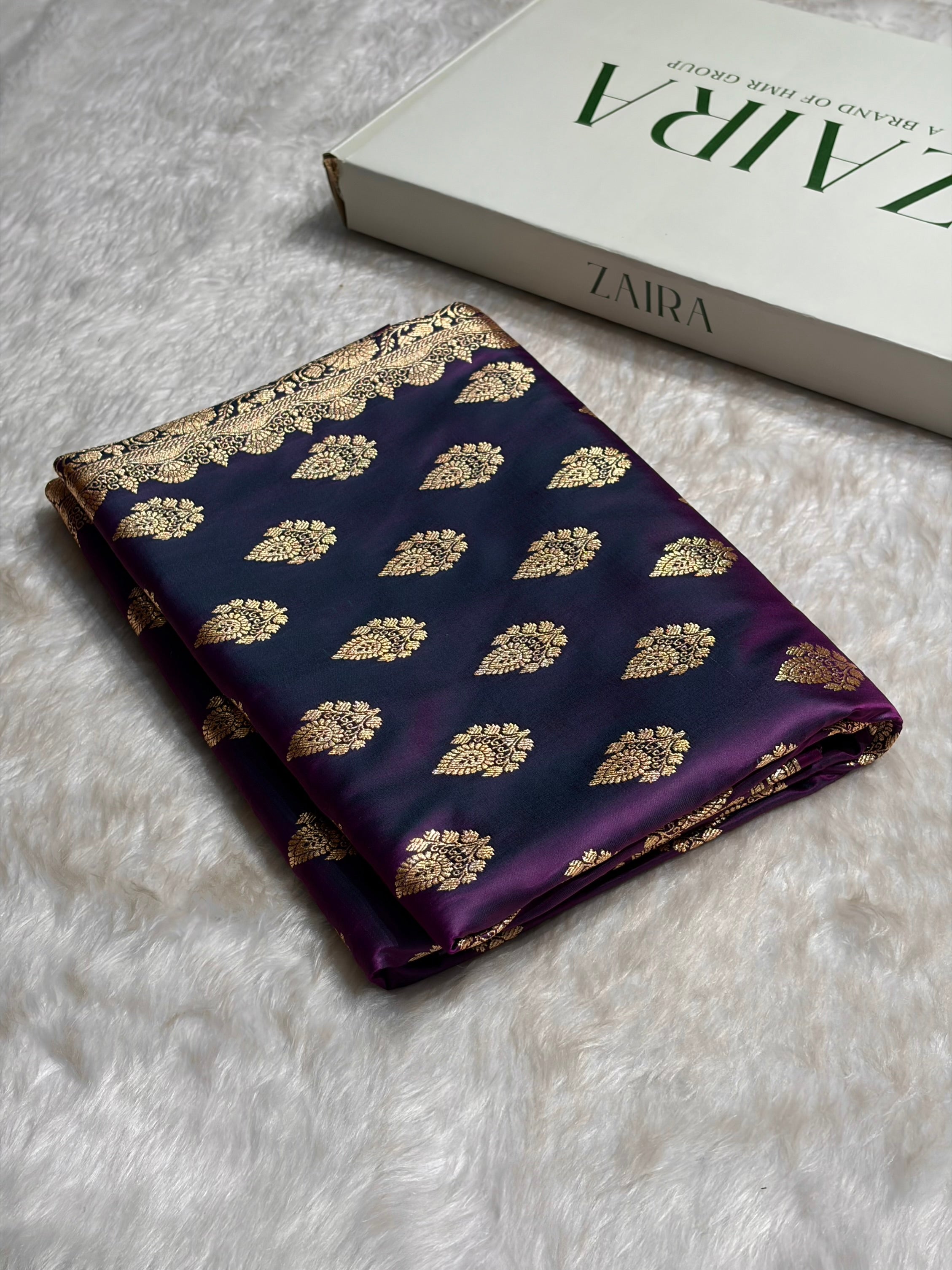 Wine Floral Boota Pattern Satin Katan Silk saree SK45