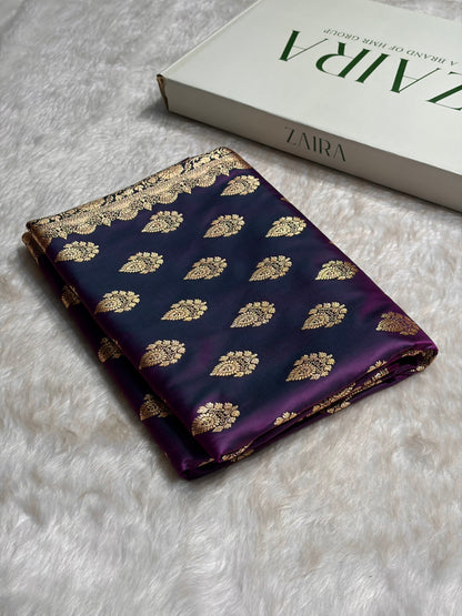 Wine Floral Boota Pattern Satin Katan Silk saree SK45