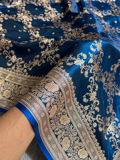 German Blue Shades Jaal Pattern Banarasi Satin Silk Saree SS48