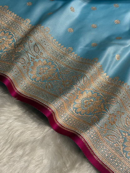 Sky Blue Booti Satin katan Silk Saree SK11