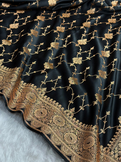 Banarasi Satin Katan Saree With Boota in Black Shades SK102