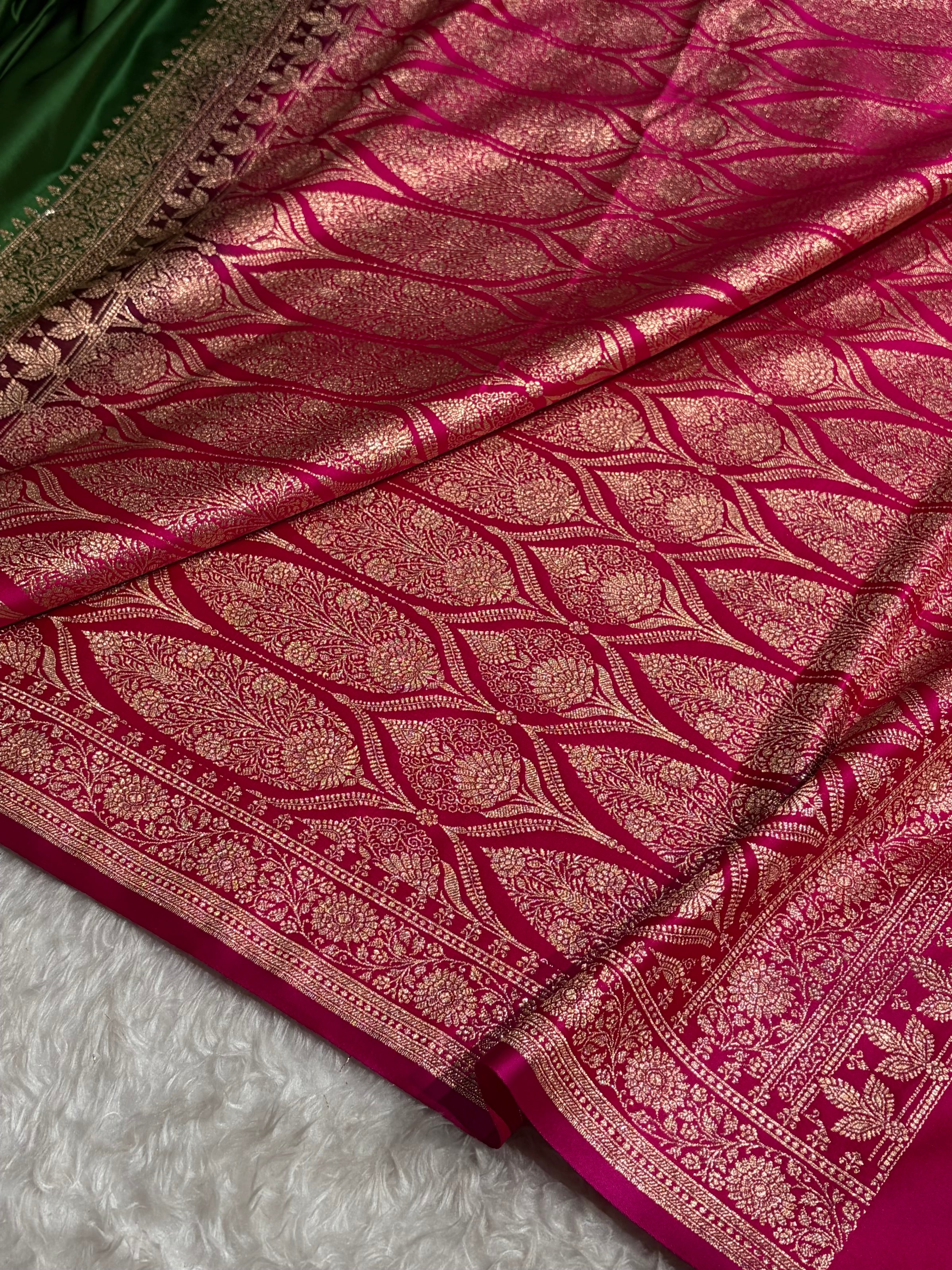 Banarasi Satin Katan Saree in Contrast Dark Green / Rani Shades SK131