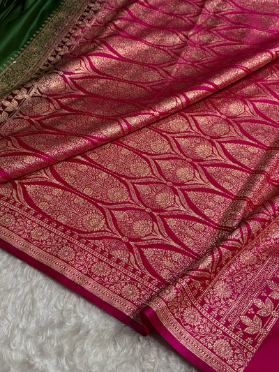 Banarasi Satin Katan Saree in Contrast Dark Green / Rani Shades SK131