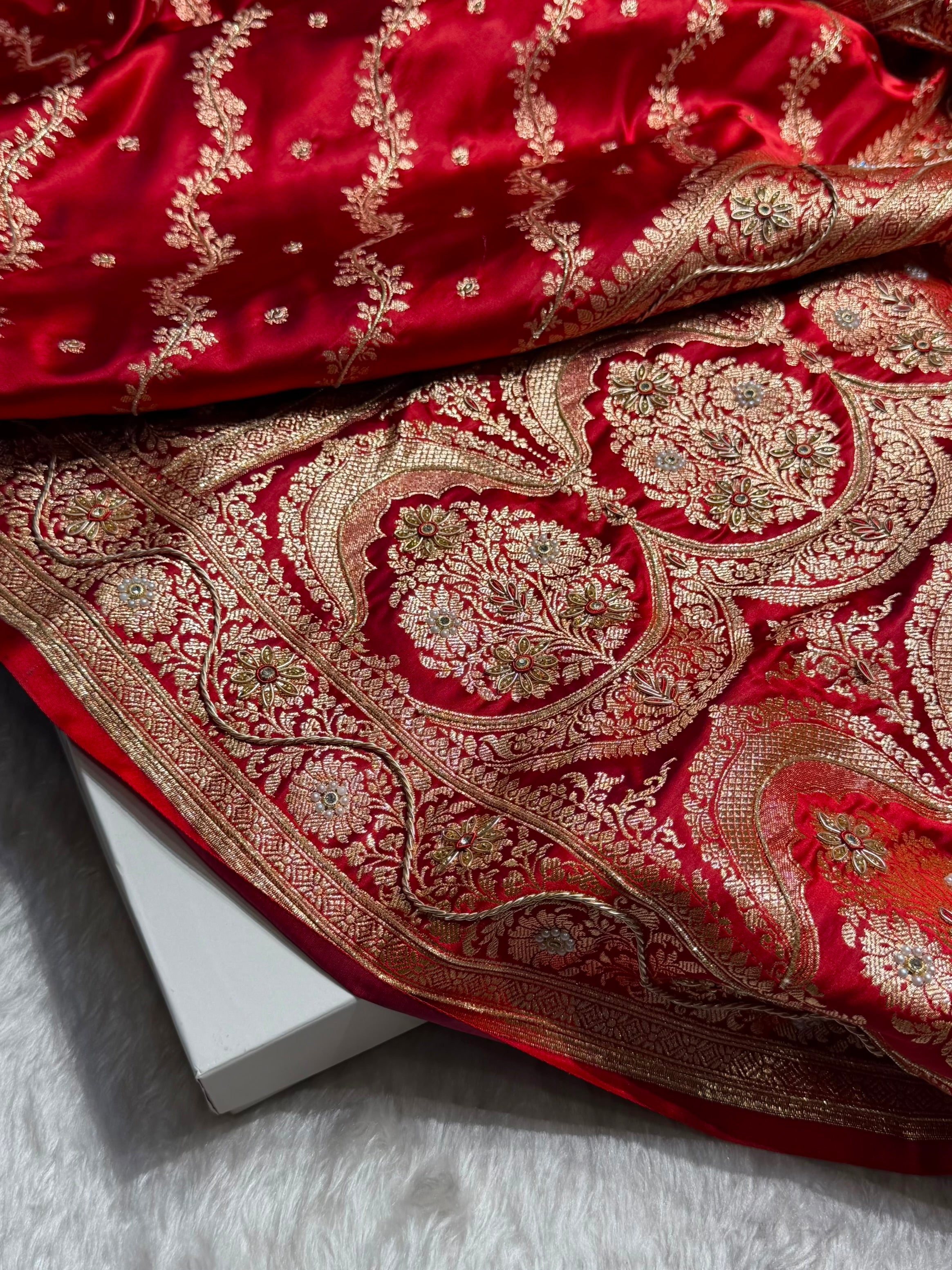 Banarasi Satin Katan Saree With Ari & Zardozi Work Boota in Red Shades BSK108
