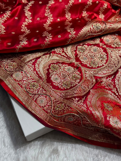 Banarasi Satin Katan Saree With Ari & Zardozi Work Boota in Red Shades BSK108