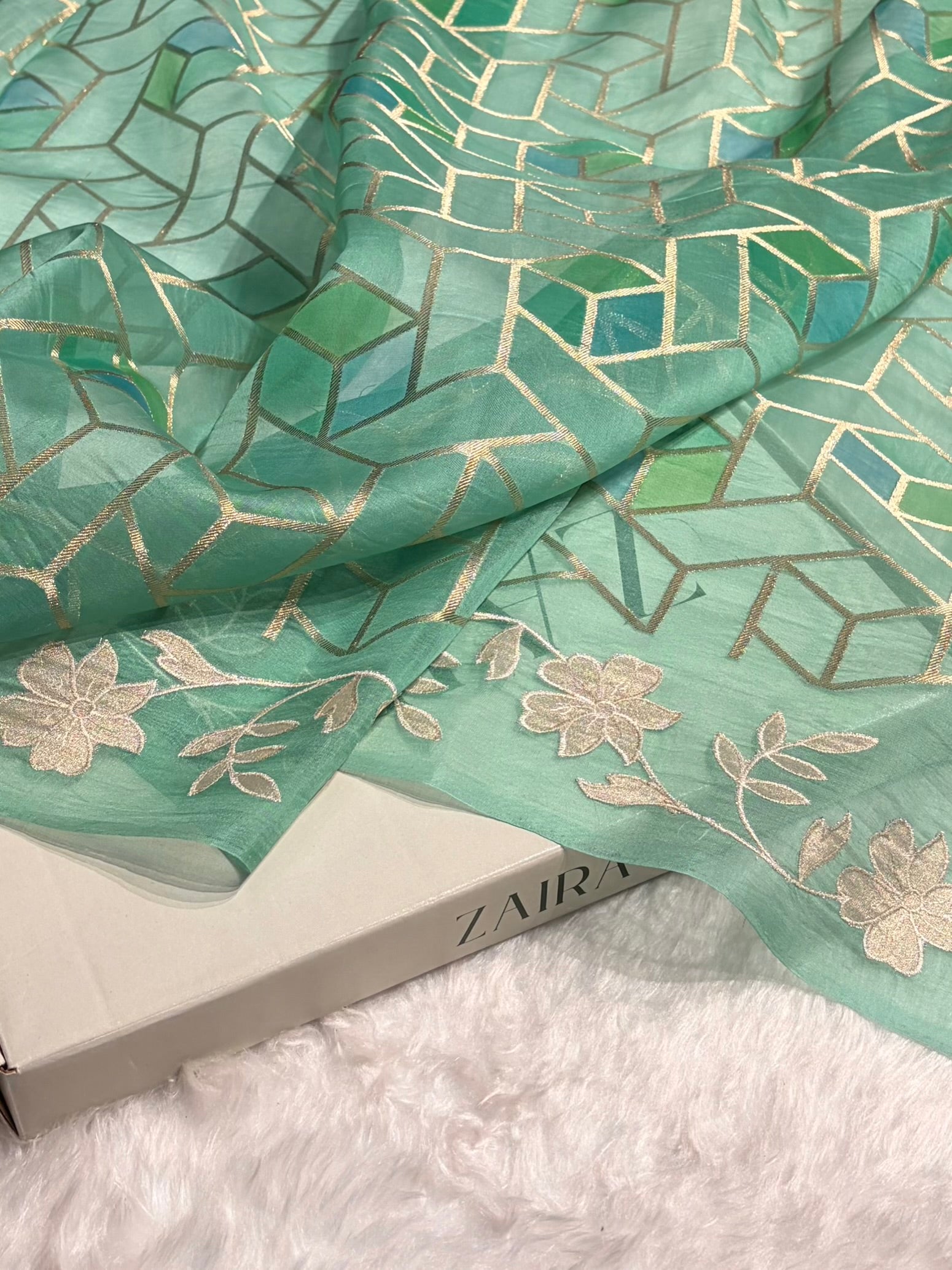 Pure Organza Rangkat Turquoise Floral Border Banarasi Silk Saree PO-07